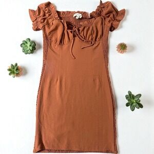 Love Tree Womens Dress Mini Short Sleeve Brown Smocked Casual Party Dress Size S